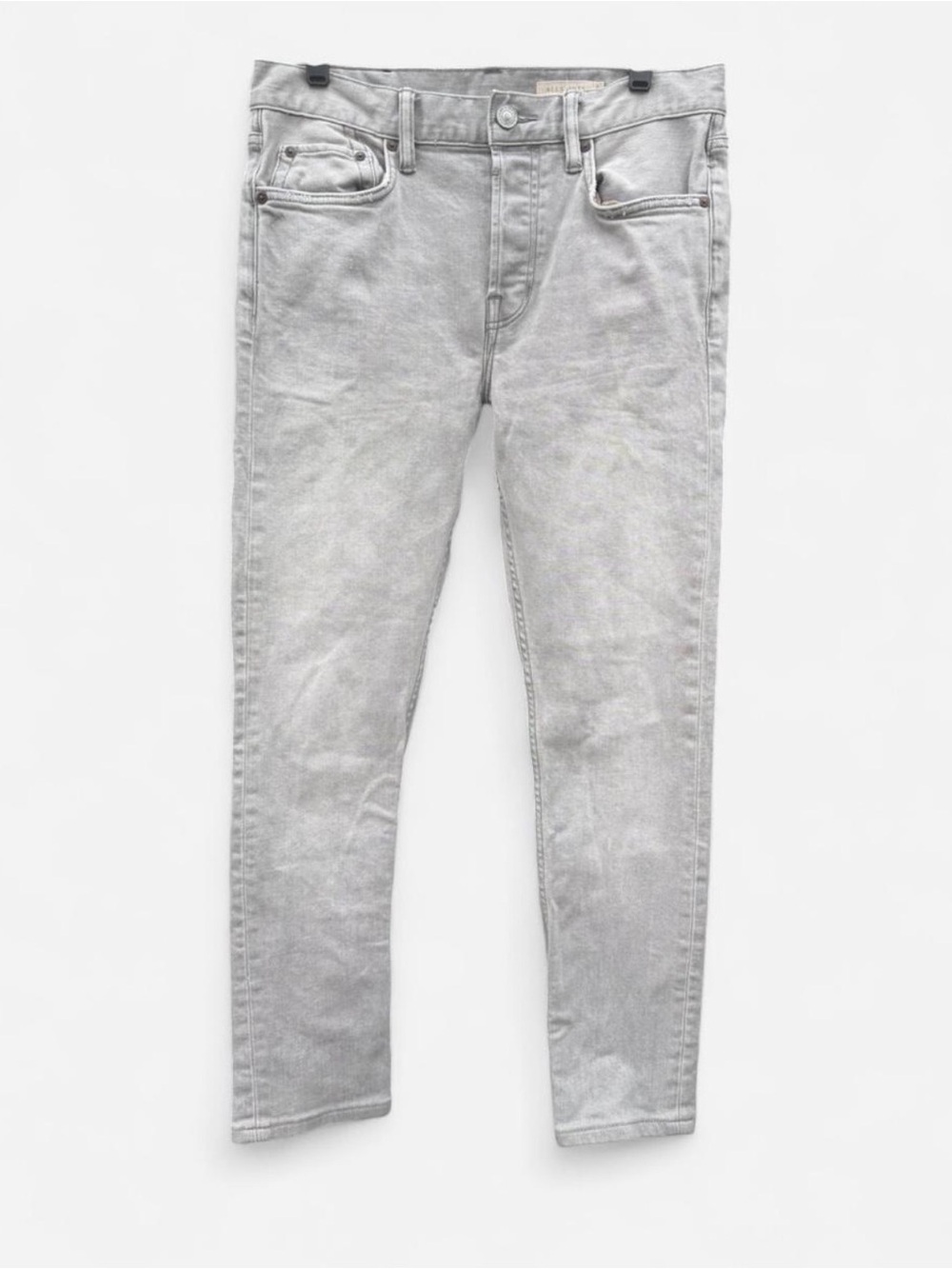 AllSaints Light Gray Denim Jeans with Black Leather Patch